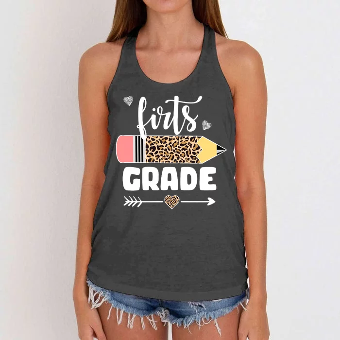 First Grade Leopard Pencil 1st Grader Students Teachers Women's Knotted Racerback Tank