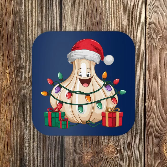 Funny Garlic Lover Xmas Lighting Santa Hat Garlic Christmas Coaster