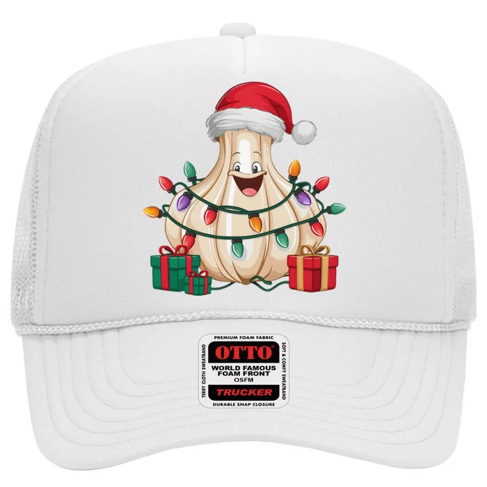 Funny Garlic Lover Xmas Lighting Santa Hat Garlic Christmas High Crown Mesh Trucker Hat