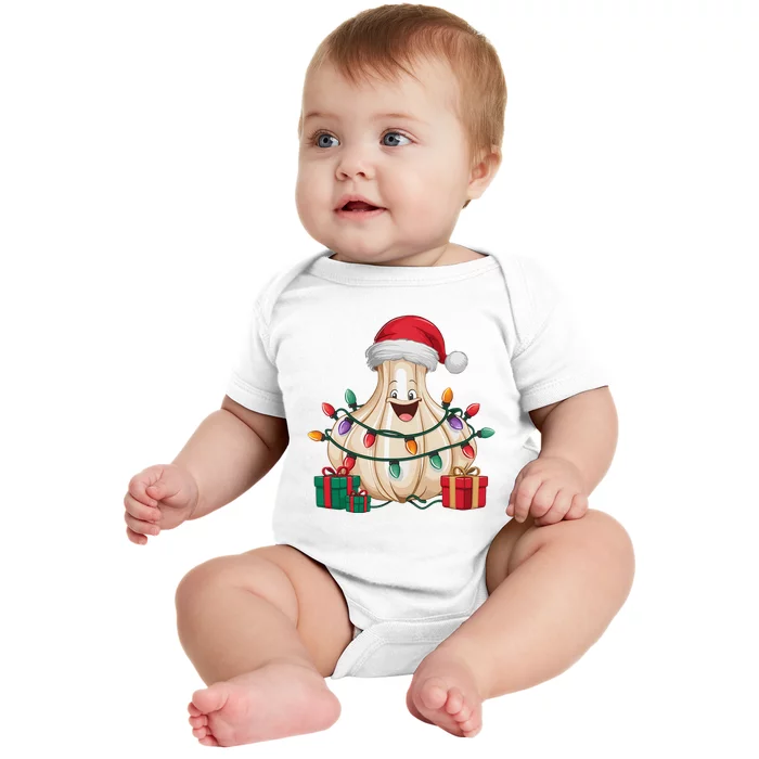 Funny Garlic Lover Xmas Lighting Santa Hat Garlic Christmas Baby Bodysuit