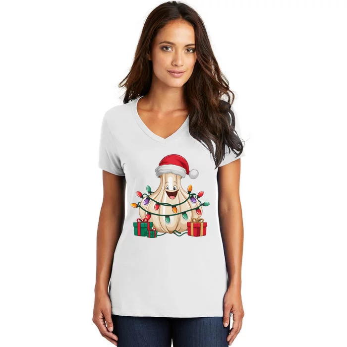 Funny Garlic Lover Xmas Lighting Santa Hat Garlic Christmas Women's V-Neck T-Shirt