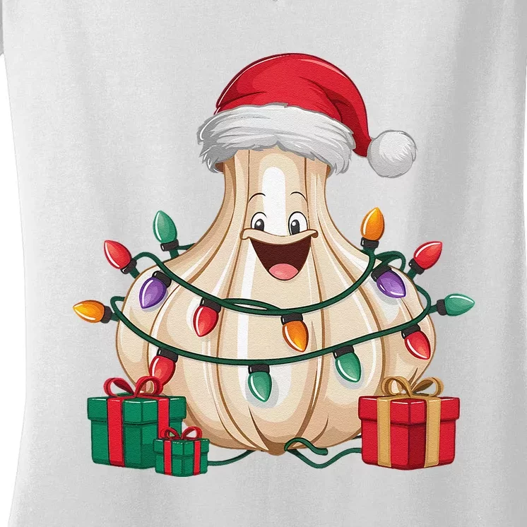 Funny Garlic Lover Xmas Lighting Santa Hat Garlic Christmas Women's V-Neck T-Shirt