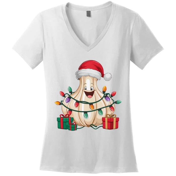 Funny Garlic Lover Xmas Lighting Santa Hat Garlic Christmas Women's V-Neck T-Shirt