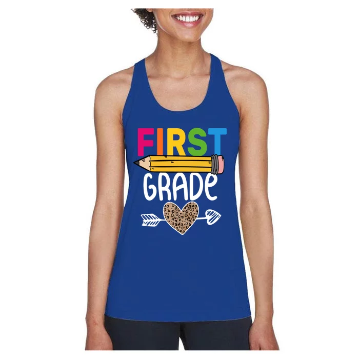 First Grade Leopard Pencil First Day School 1St Grade Crew Gift Women's Racerback Tank