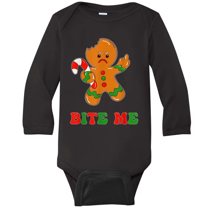 Funny Gingerbread Man Bite Me Christmas Cookie Costume Baby Long Sleeve Bodysuit