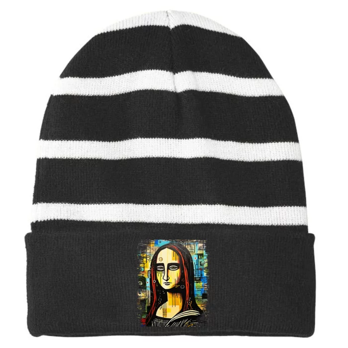 Funny Gothic Mona Lisa 90s Pop Art Graffiti Style Aesthetic Striped Beanie with Solid Band