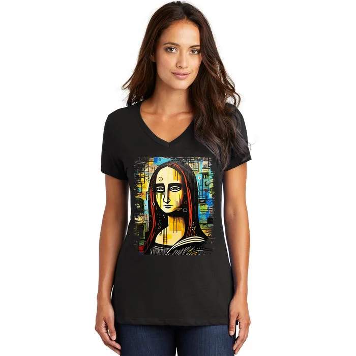 Funny Gothic Mona Lisa 90s Pop Art Graffiti Style Aesthetic Women's V-Neck T-Shirt