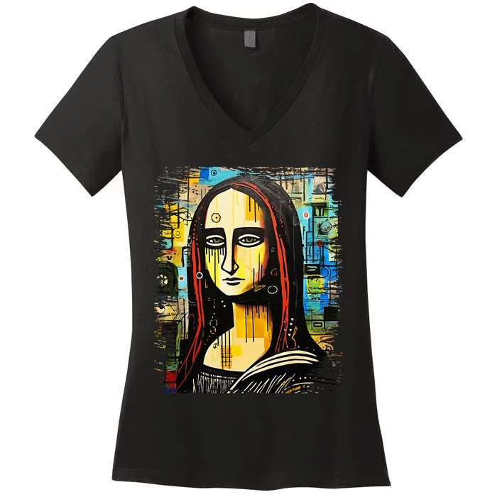 Funny Gothic Mona Lisa 90s Pop Art Graffiti Style Aesthetic Women's V-Neck T-Shirt