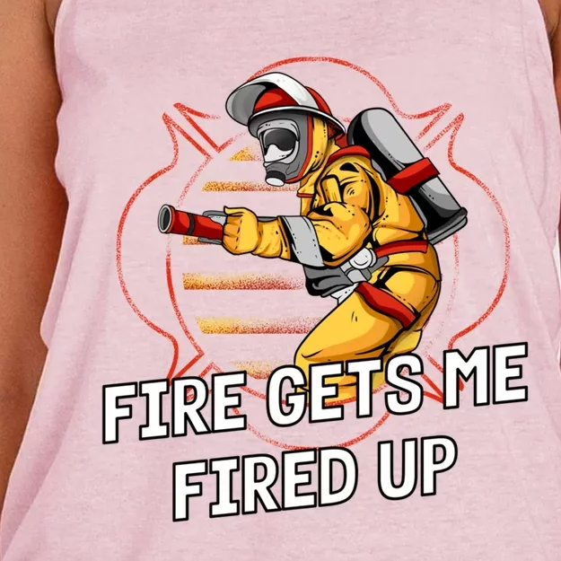 Fire Gets Me Fired Up Funny Firefighter Humor Fire Memes Funny Gift Women's Knotted Racerback Tank