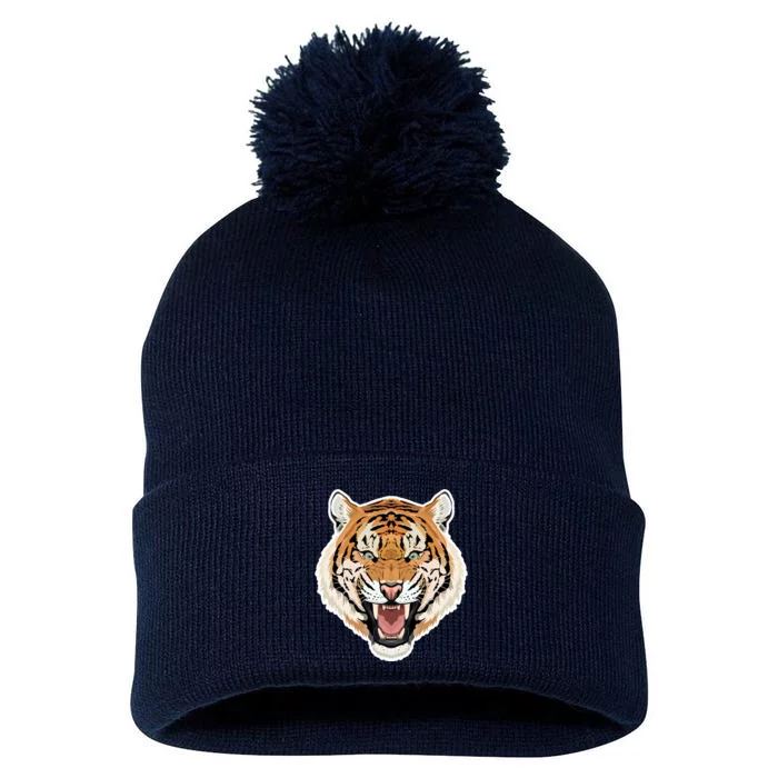 Funny Growling Mouth Open Bengal Tiger Pom Pom 12in Knit Beanie