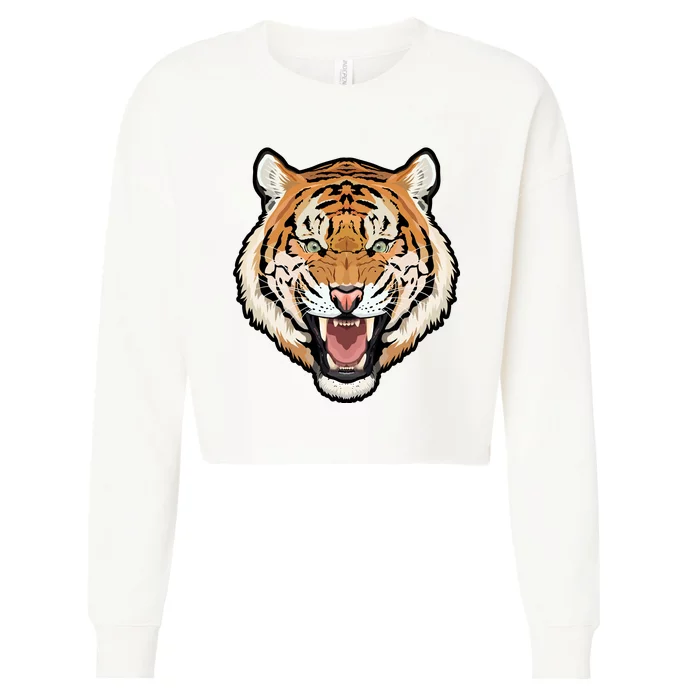 Funny Growling Mouth Open Bengal Tiger Cropped Pullover Crew