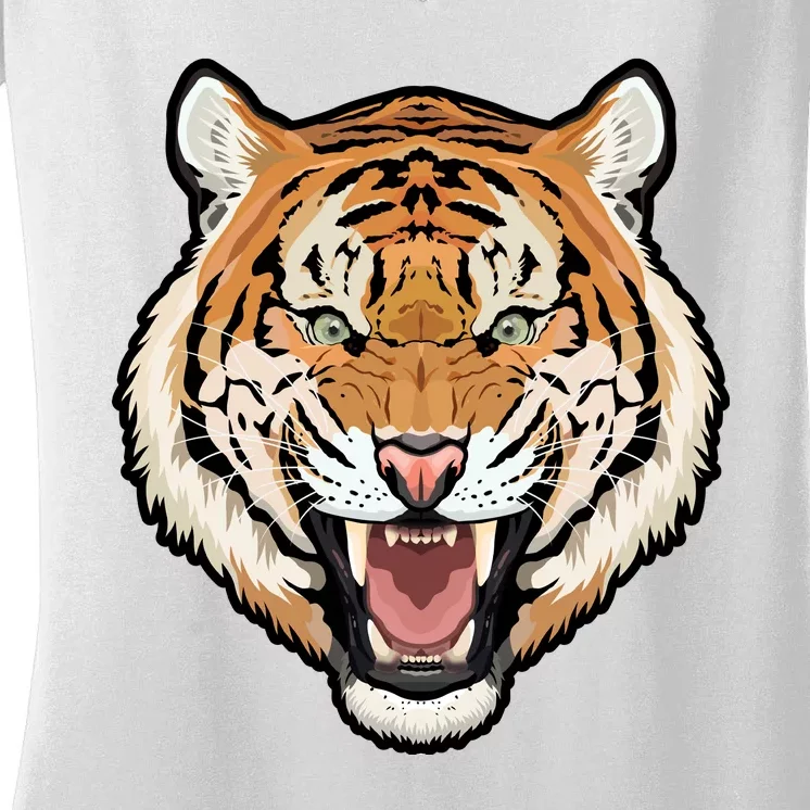 Funny Growling Mouth Open Bengal Tiger Women's V-Neck T-Shirt