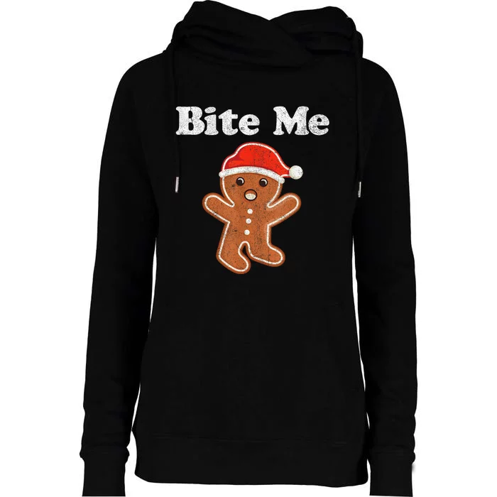 Funny Gingerbread Man Bite Me Christmas Cookie Costume Womens Funnel Neck Pullover Hood