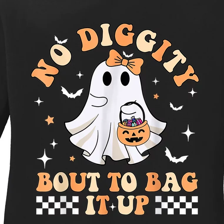 Funny Ghost No Diggity Bout To Bag It Up Spooky Halloween Ladies Long Sleeve Shirt