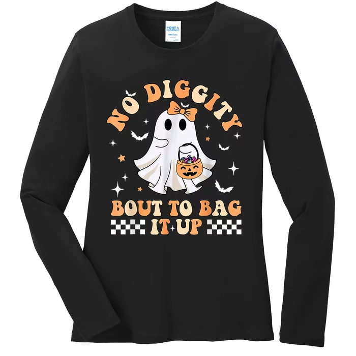 Funny Ghost No Diggity Bout To Bag It Up Spooky Halloween Ladies Long Sleeve Shirt