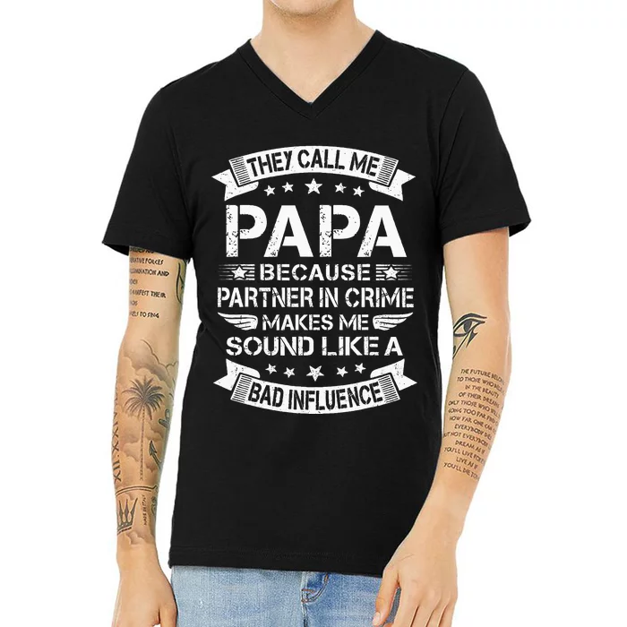 Funny Grandpa Papa Partner In Crime Dad Fathers Day V-Neck T-Shirt