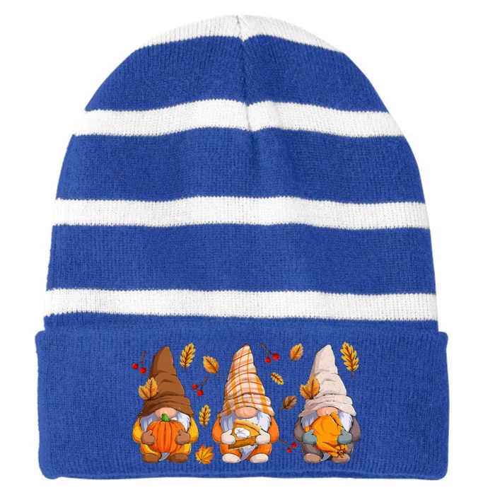 Fall Gnome Pumpkin Turkey  Thanksgiving Autumn Fall Striped Beanie with Solid Band