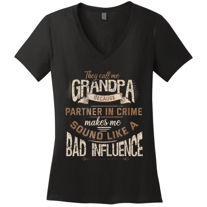 Funny Grandpa Partner In Crime Phrase Granddad Humor Women's V-Neck T-Shirt