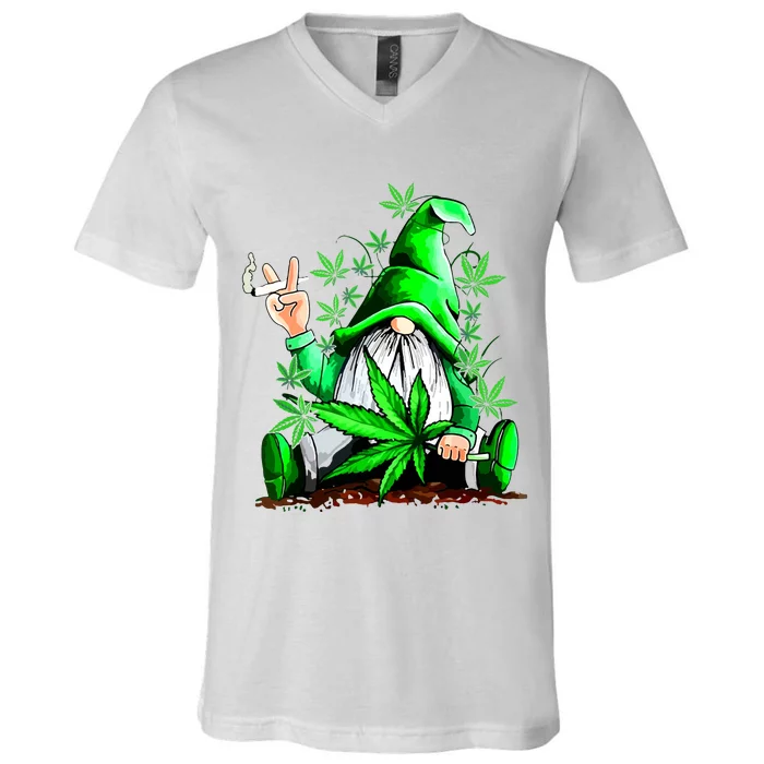 Funny Gnome Pot Leaf 420 Marijuana Weed Cannabis Smoking V-Neck T-Shirt