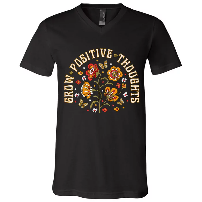 Floral Grow Positive Thoughts Boho Peace Flowers Gardeners V-Neck T-Shirt