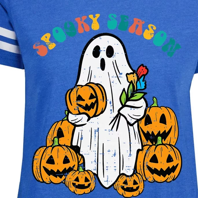 Floral Ghost Pumpkins Spooky Season Retro Groovy Halloween Enza Ladies Jersey Football T-Shirt