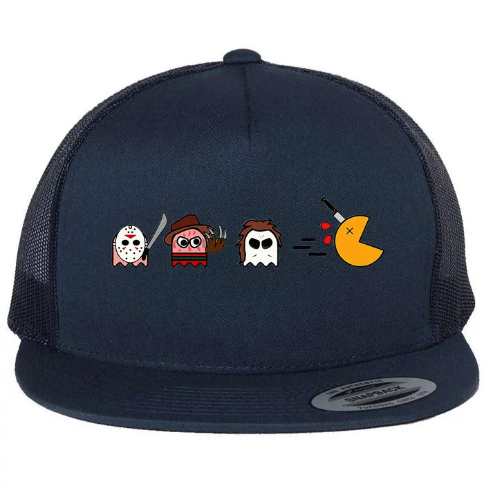 Funny Ghosts Parody Halloween Gamer 80s Horror Movies Flat Bill Trucker Hat