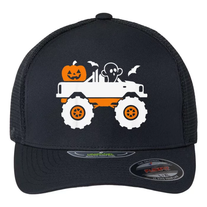 Funny Ghost Pumpkin Riding Monster Truck Lazy Halloween Costume Flexfit Unipanel Trucker Cap