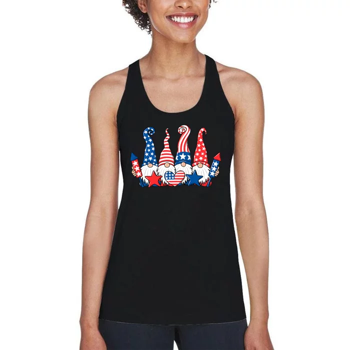 Funny Gnomes Patriotic American Flag Cute Gnomes 4th Of July Women's Racerback Tank