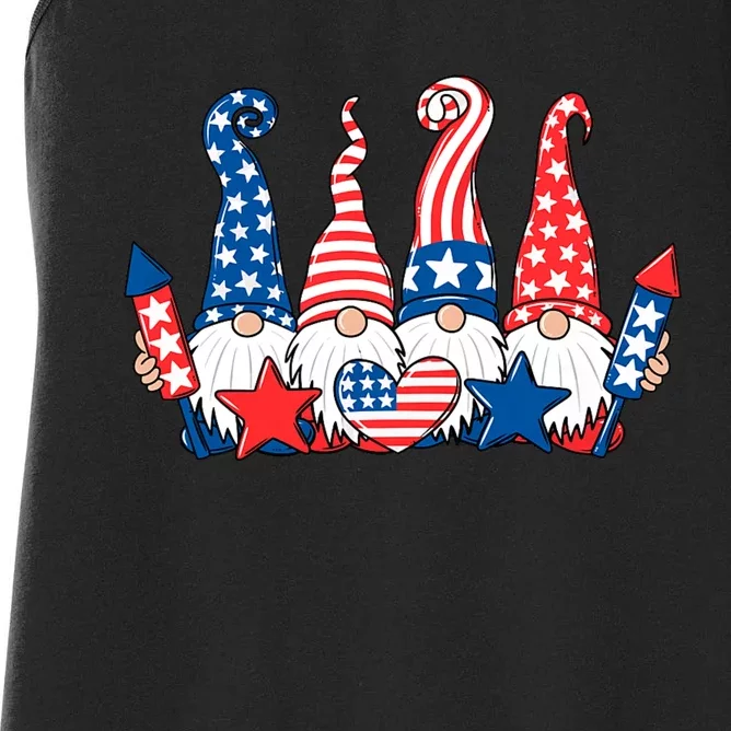 Funny Gnomes Patriotic American Flag Cute Gnomes 4th Of July Women's Racerback Tank