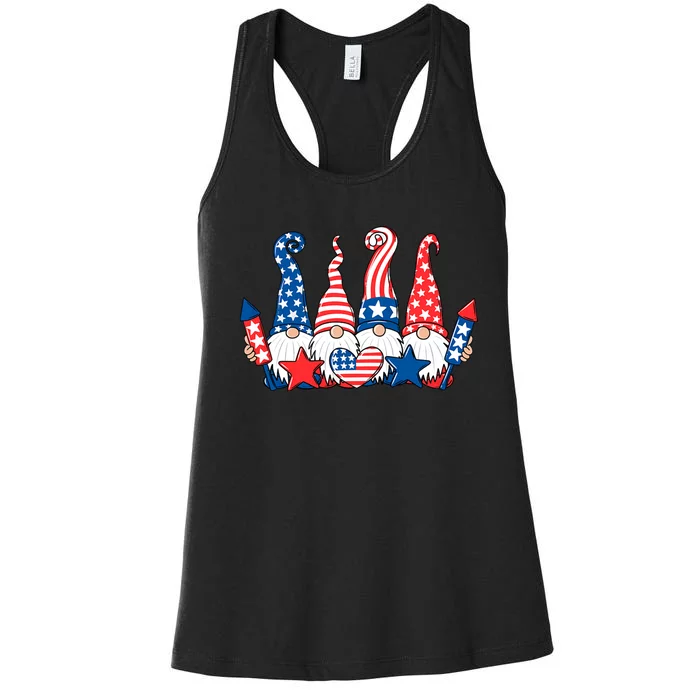 Funny Gnomes Patriotic American Flag Cute Gnomes 4th Of July Women's Racerback Tank