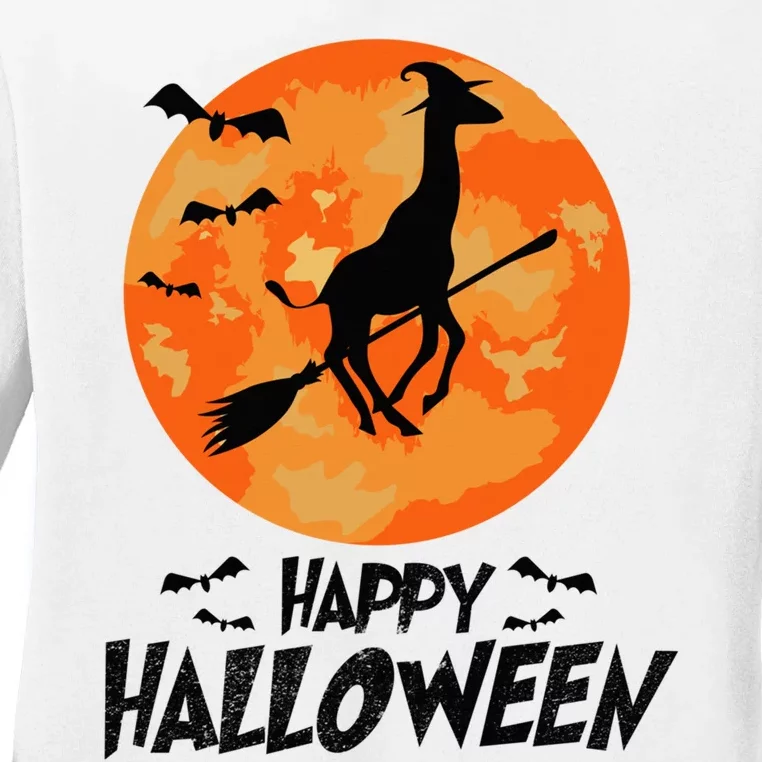 Funny Giraffe Ride Witch Shotgun Giraffe Halloween Full Moon Ladies Long Sleeve Shirt