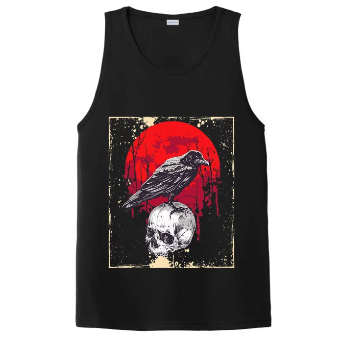 funny Gothic Raven Skull Red Moon Black Crow Performance Tank