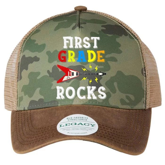 First Grade Rocks Guitar Music Gifts First Day Of School Legacy Tie Dye Trucker Hat