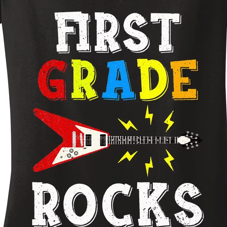 First Grade Rocks Guitar Music Gifts First Day Of School Women's V-Neck T-Shirt