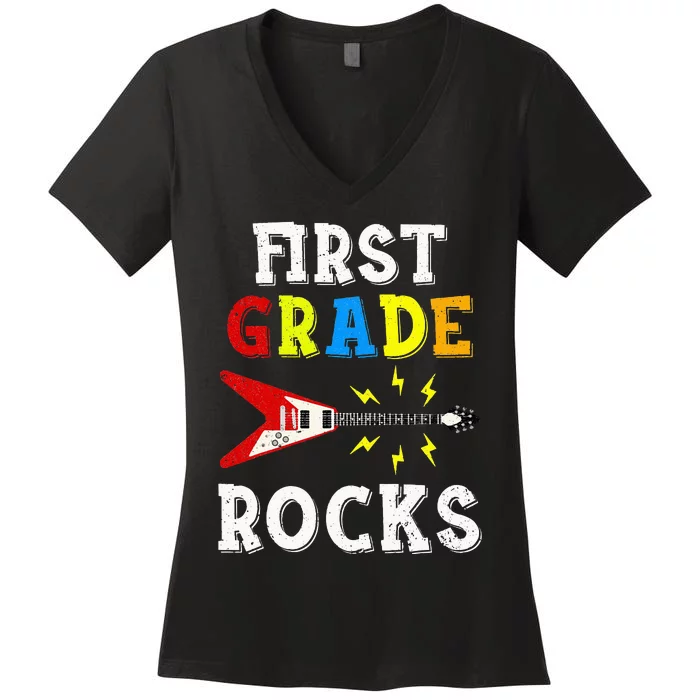 First Grade Rocks Guitar Music Gifts First Day Of School Women's V-Neck T-Shirt