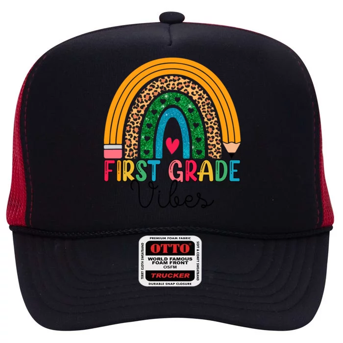 First Grade Rainbow Leopard 1St Grade Vibes Team 1St Grade Gift High Crown Mesh Trucker Hat