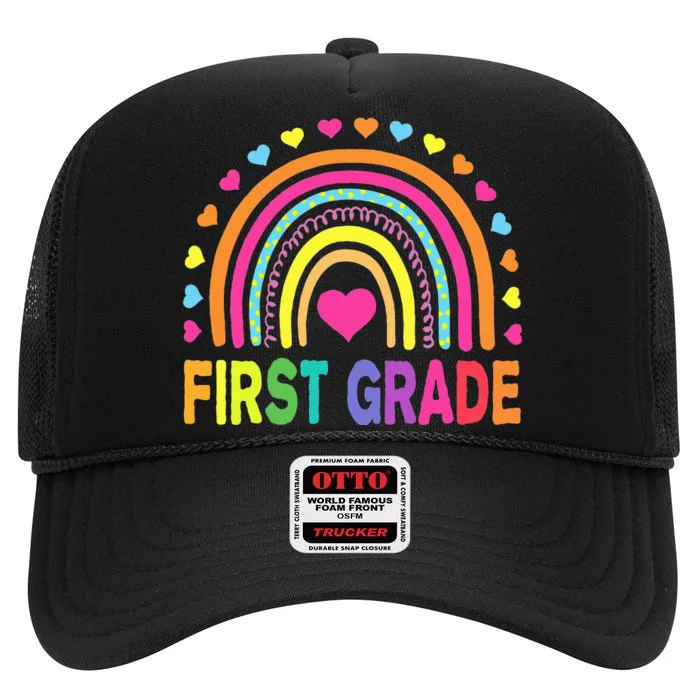 First Grade Rainbow Teacher Team 1st Grade Squad High Crown Mesh Trucker Hat