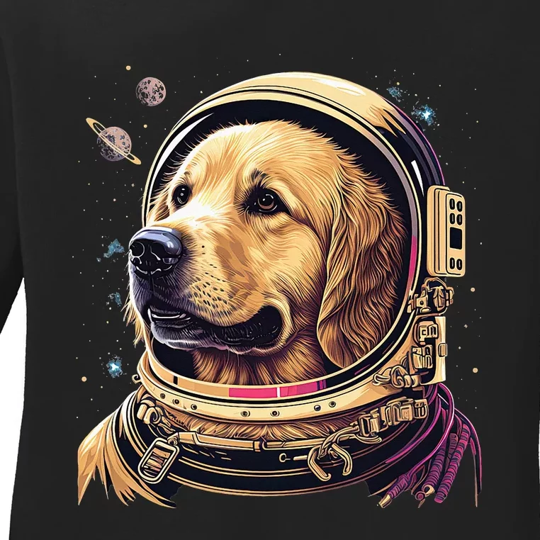 Funny Golden Retriever Astronaut in the space Ladies Long Sleeve Shirt