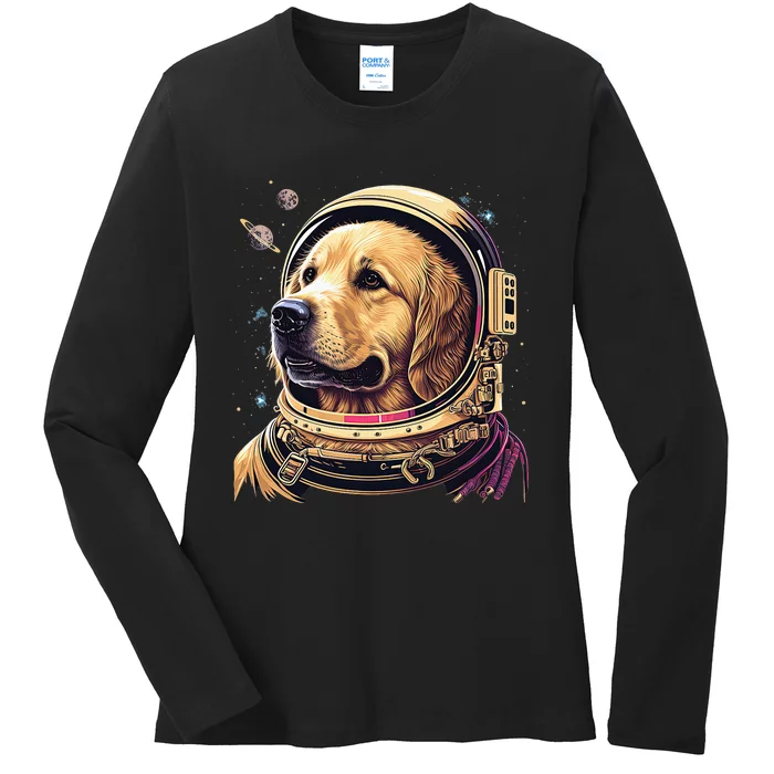 Funny Golden Retriever Astronaut in the space Ladies Long Sleeve Shirt