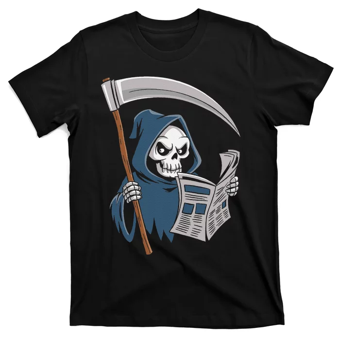 Funny Grim Reaper Reading Newspaper Lovers Spooky Halloween T-Shirt