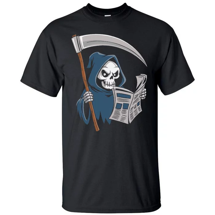 Funny Grim Reaper Reading Newspaper Lovers Spooky Halloween Tall T-Shirt