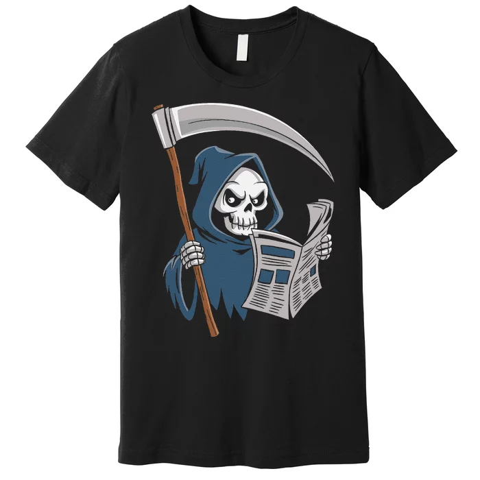 Funny Grim Reaper Reading Newspaper Lovers Spooky Halloween Premium T-Shirt