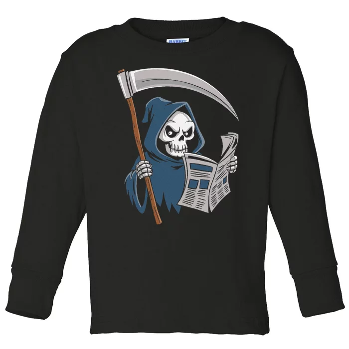 Funny Grim Reaper Reading Newspaper Lovers Spooky Halloween Toddler Long Sleeve Shirt