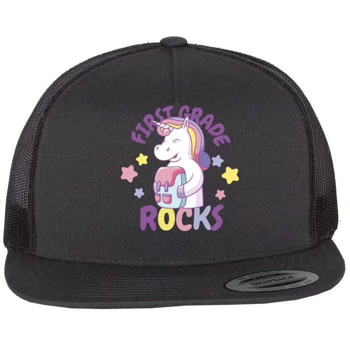 First Grade Rocks Unicorn Back To School Flat Bill Trucker Hat