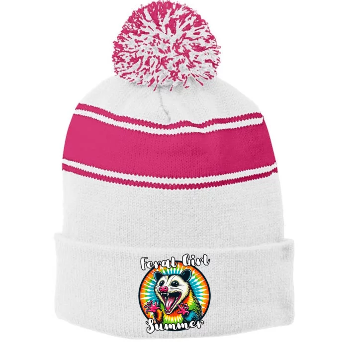 Feral Girl Summer Possum Tie Dye Opposum Stripe Pom Pom Beanie