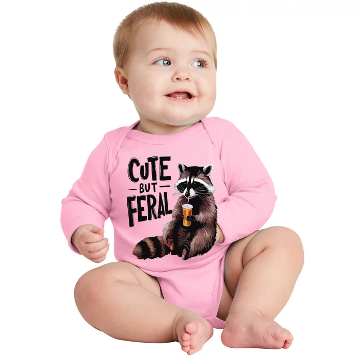 Feral Girl Summer Funny Meme Cute But Feral Raccoon Vacation Baby Long Sleeve Bodysuit