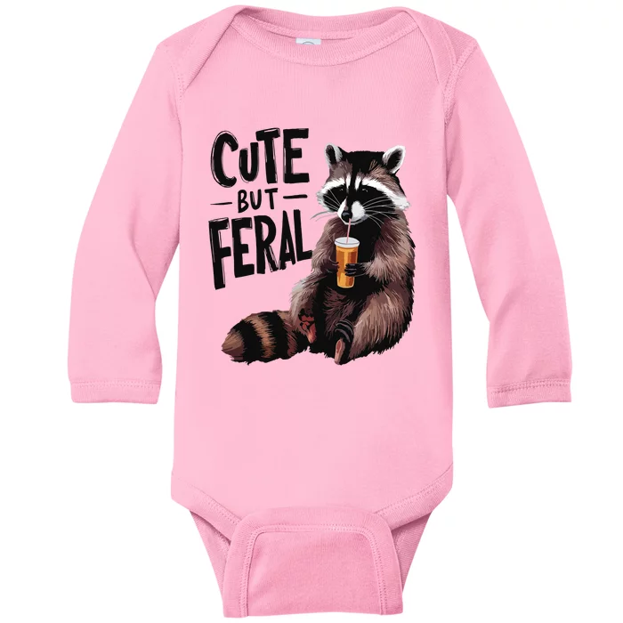 Feral Girl Summer Funny Meme Cute But Feral Raccoon Vacation Baby Long Sleeve Bodysuit