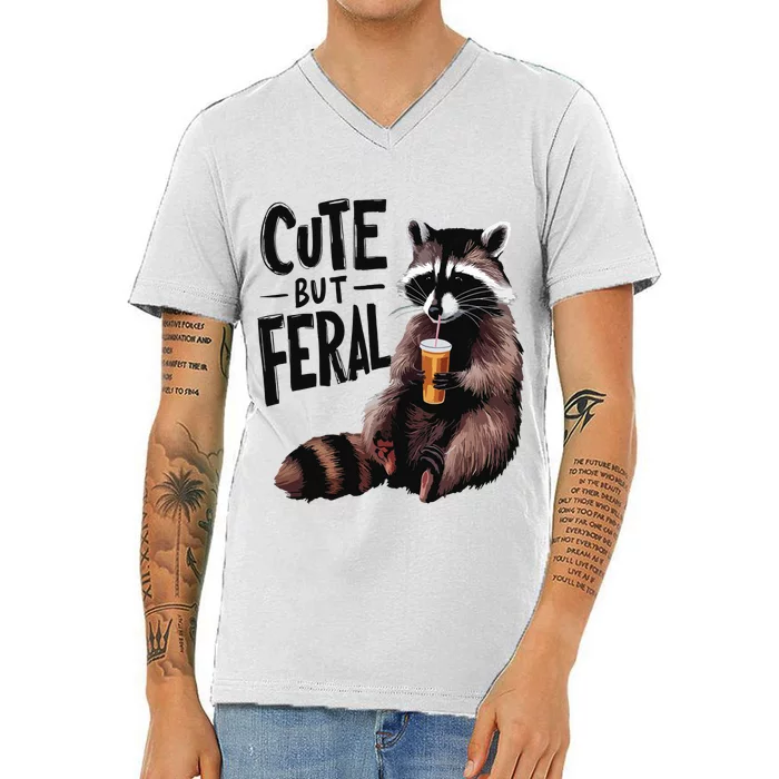 Feral Girl Summer Funny Meme Cute But Feral Raccoon Vacation V-Neck T-Shirt