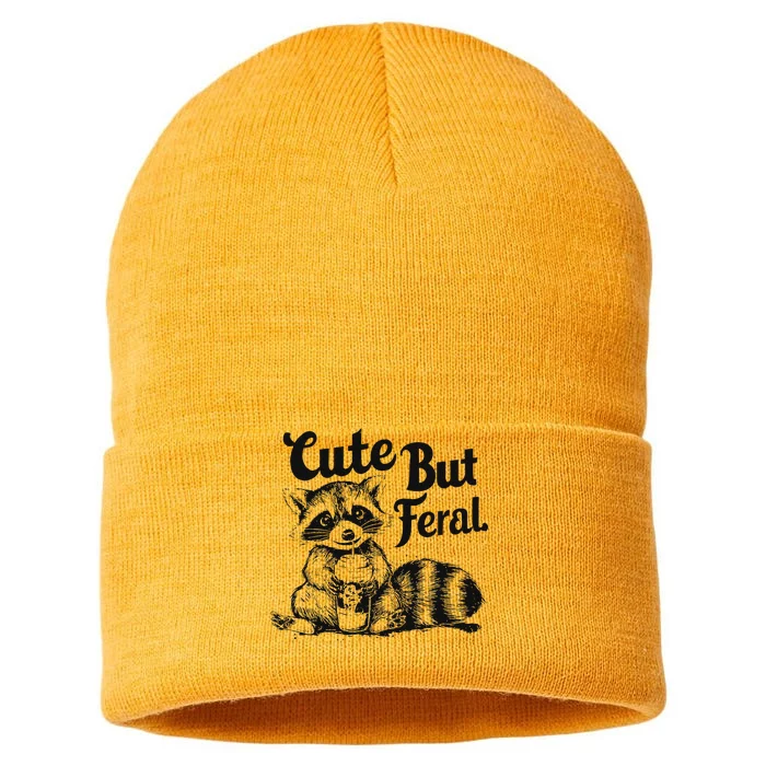 Feral Girl Summer Funny Meme Cute But Feral Raccoon Vacation Sustainable Knit Beanie