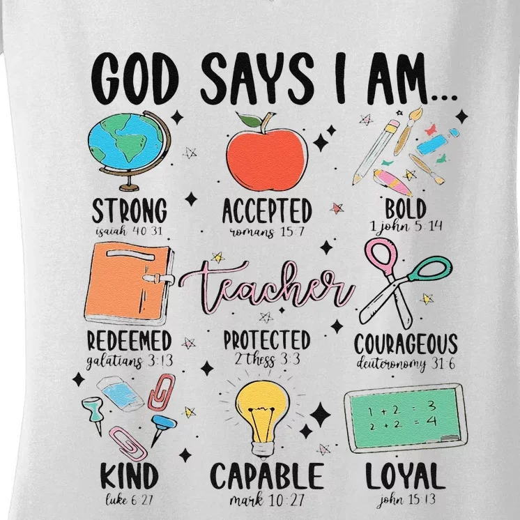 Funny God Says I Am Teacher Bible Verse Christian Teacher Teacher God Says Women's V-Neck T-Shirt